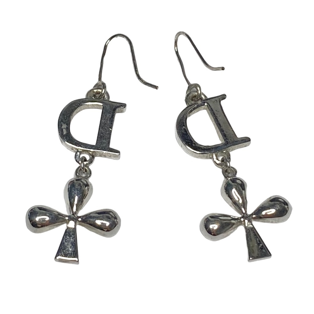 AUTH VTG Christian Dior Silver D Charm Logo Crystal Clover Dangle Hook Earrings - Picture 10 of 13